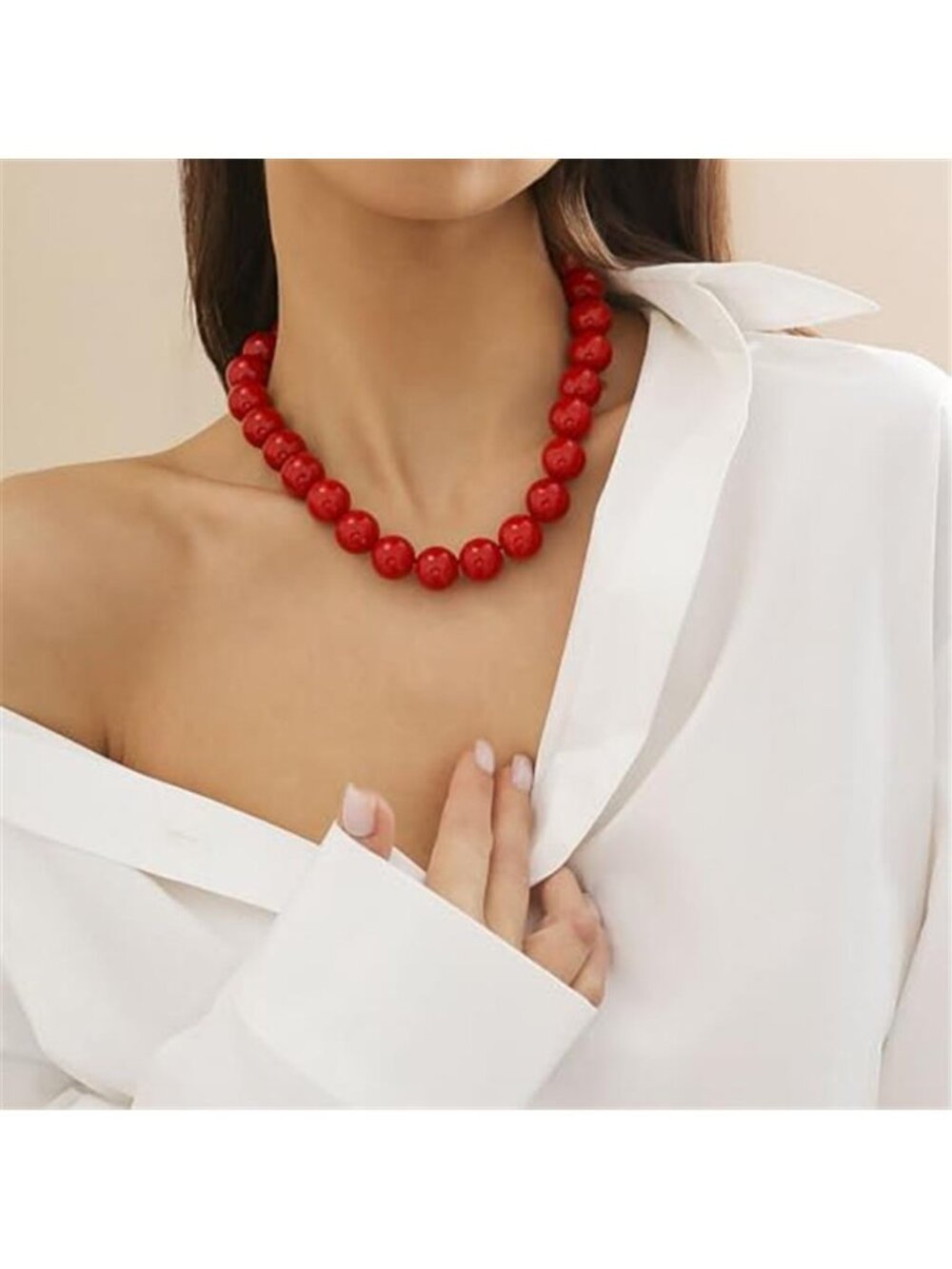 Missgrace Women Boho Punk Vintage Black Red Shiny Faux Pearl 16mm Beads Strand